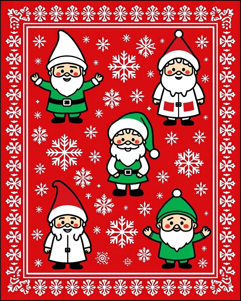 Red Santa Gnomes Snowflake Scatter Rug