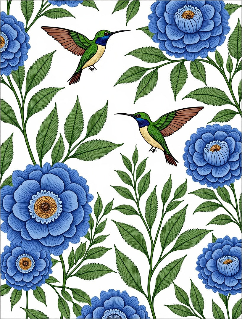 Blue Floral Hummingbird Pattern Rug