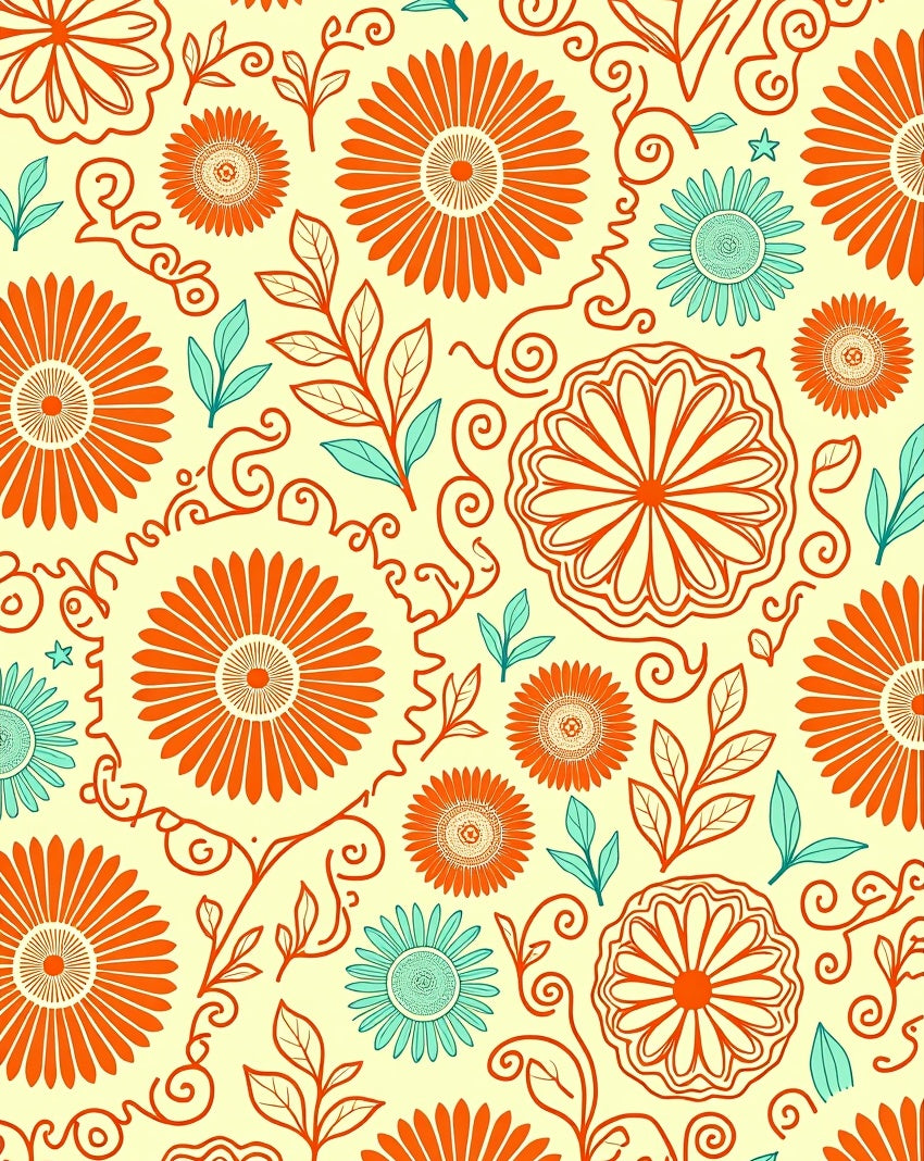 Orange Teal Floral Swirl Pattern Rug