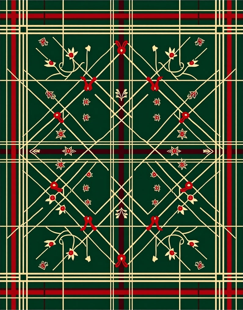 Green Red Cream Tartan Floral Vines Rug