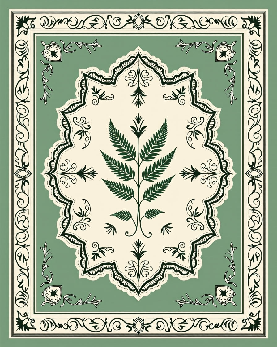 Classic Fern Botanical Medallion Design Rug