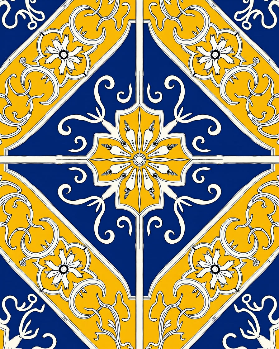 Royal Blue Yellow Floral Tile Rug