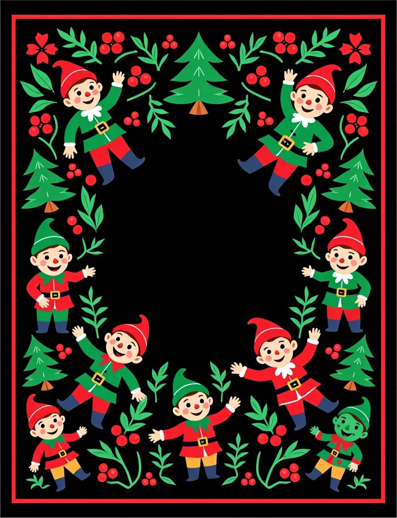 Festive Elves Border with Holly and Pine Christmas Rug