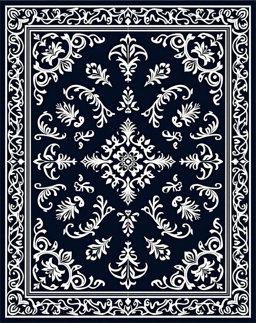 Ornate Floral Scrollwork Indigo Rug