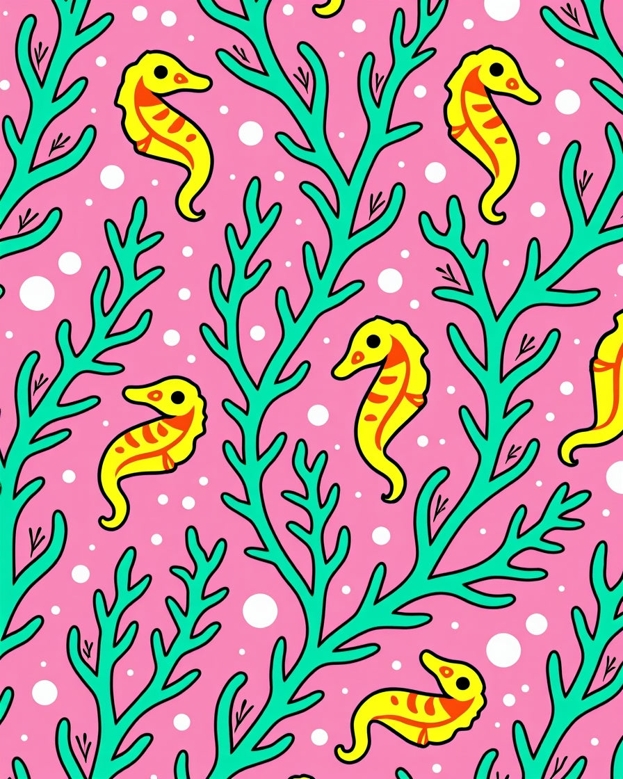 Pink Teal Seahorse Coral Pattern Rug
