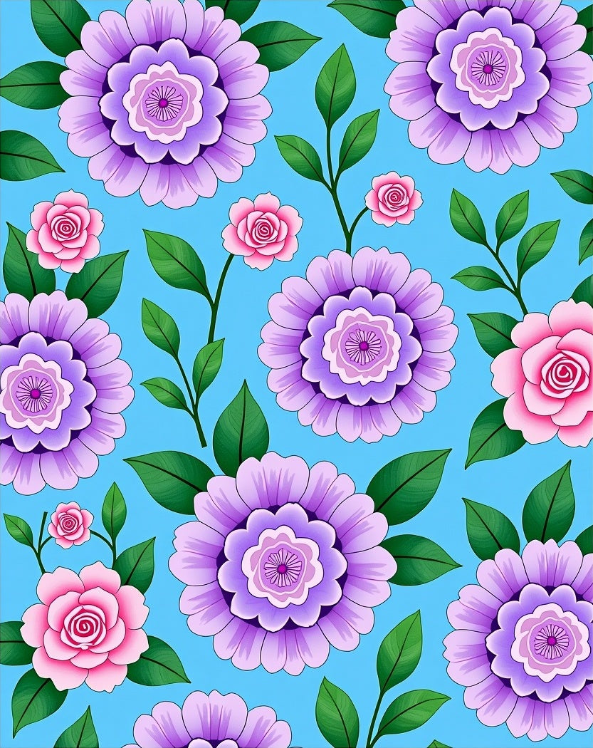 Vibrant Floral Patterned Blue Background Rug