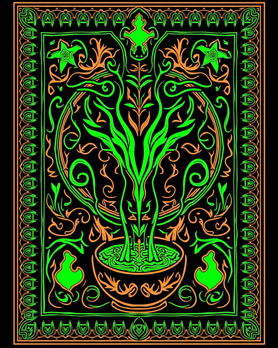 Neon Green Orange Floral Scroll Design Rug