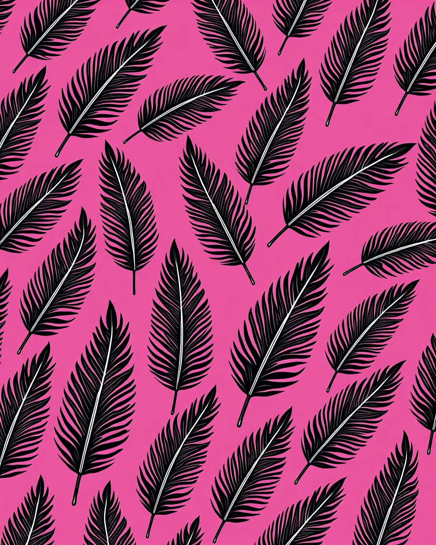 Black Feather Patterned Pink Rug