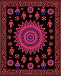 Red Blue Central Sun Figures Border Rug