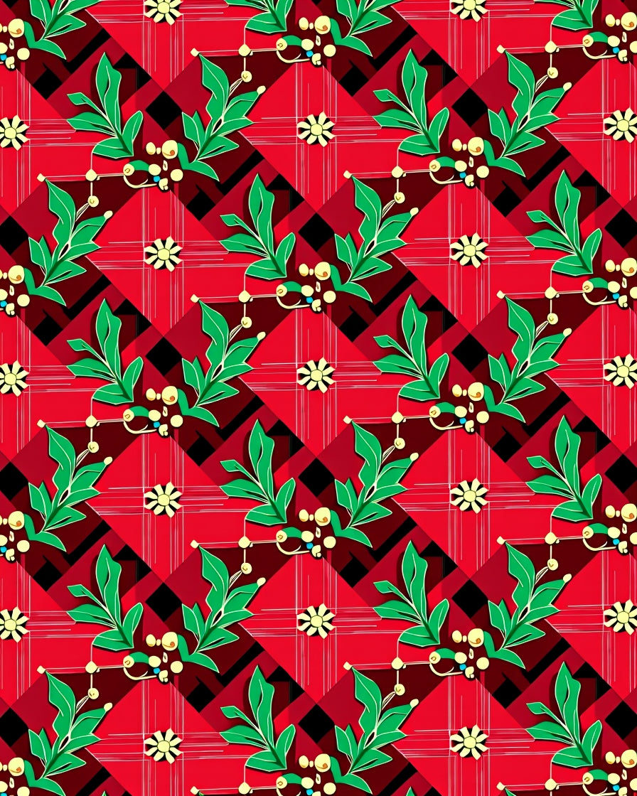 Red Plaid Floral Vine Pattern Rug