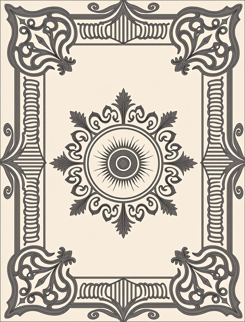 Ornate Sun Motif Gray Border Rug