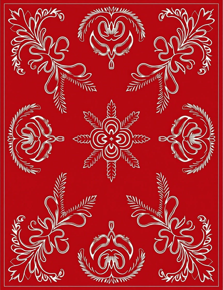 Red White Ornate Floral Scroll Rug