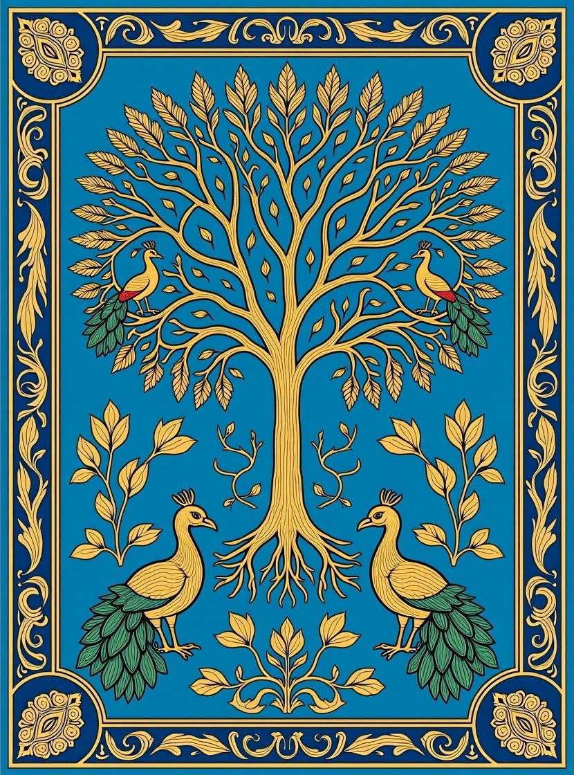 Golden Tree And Peacock Pattern Accent Rug