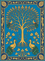 Golden Tree And Peacock Pattern Accent Rug