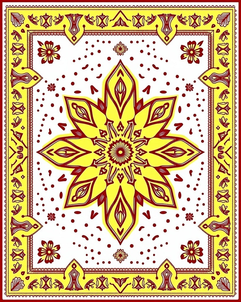 Bright Yellow Red Floral Mandala Design Rug