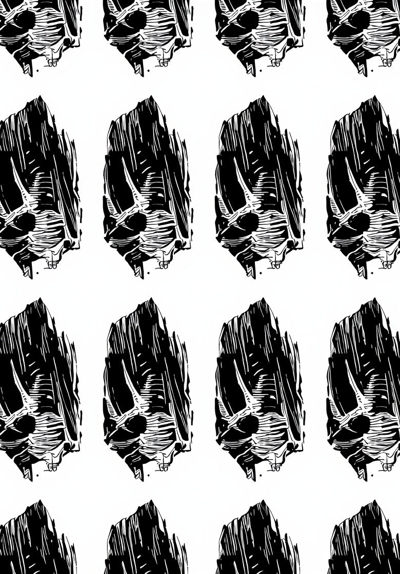 Bold Black White Woodblock Skull Pattern Rug