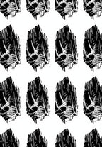 Bold Black White Woodblock Skull Pattern Rug