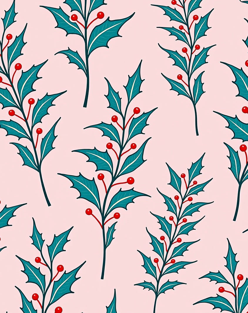 Teal Holly Berry Branches on Pink Rug