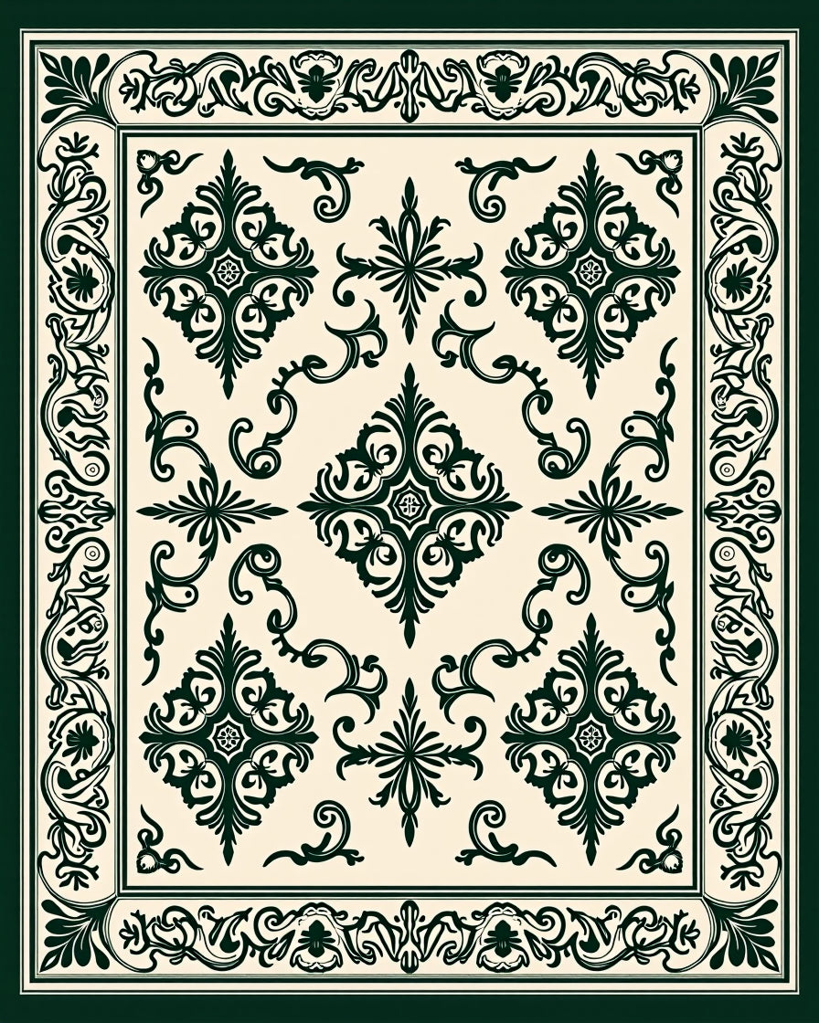 Ornate Dark Green Damask Pattern Rug