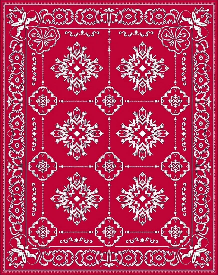 Bold Red White Medallion Pattern Rug
