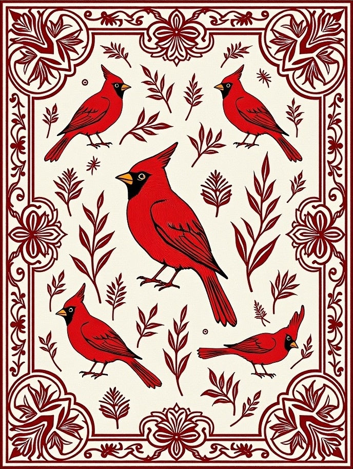 Crimson Cardinal Bordered Botanical Design Rug