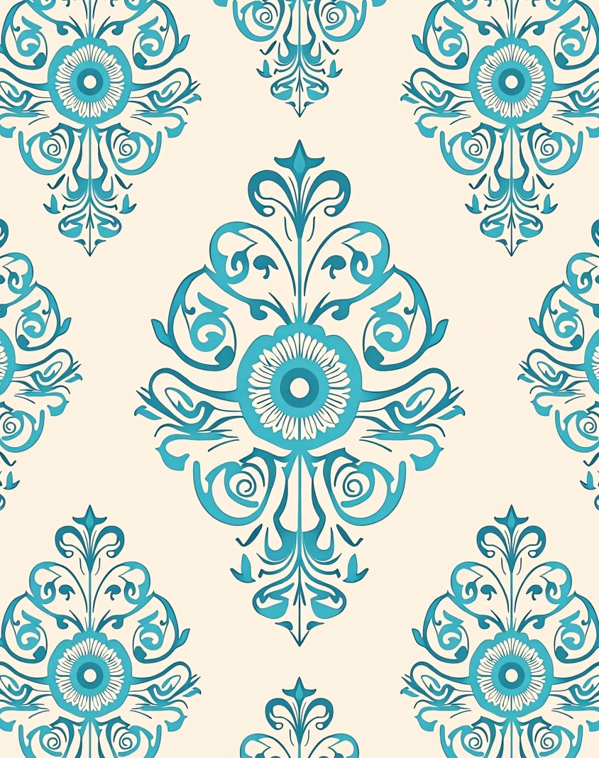 Teal Floral Scroll Pattern Rug