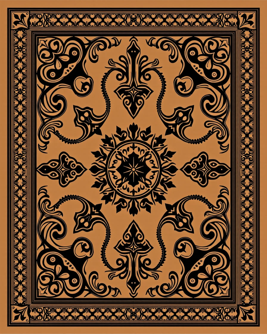 Ornate Black And Amber Floral Rug