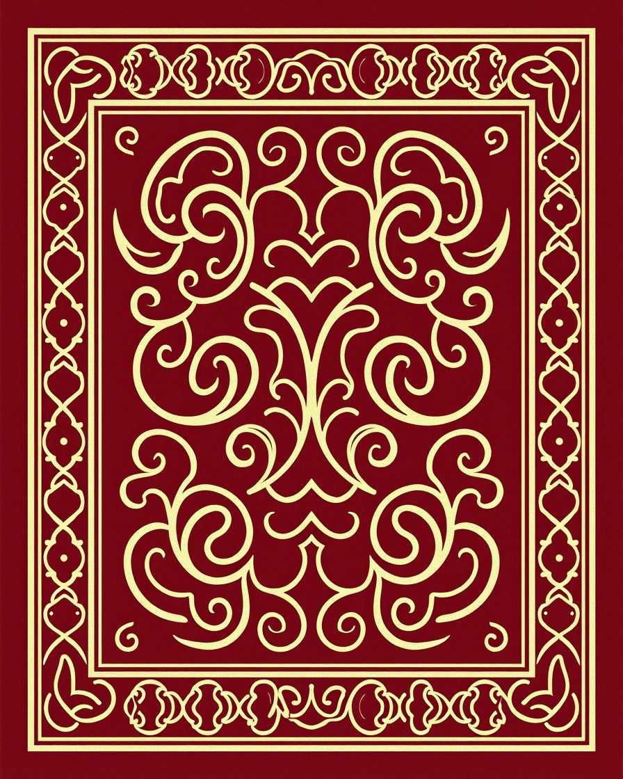 Ornate Red Gold Scrollwork Design Rug