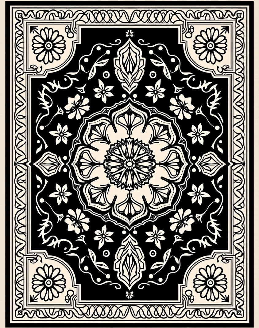 Black Floral Motif Mandala Design Rug