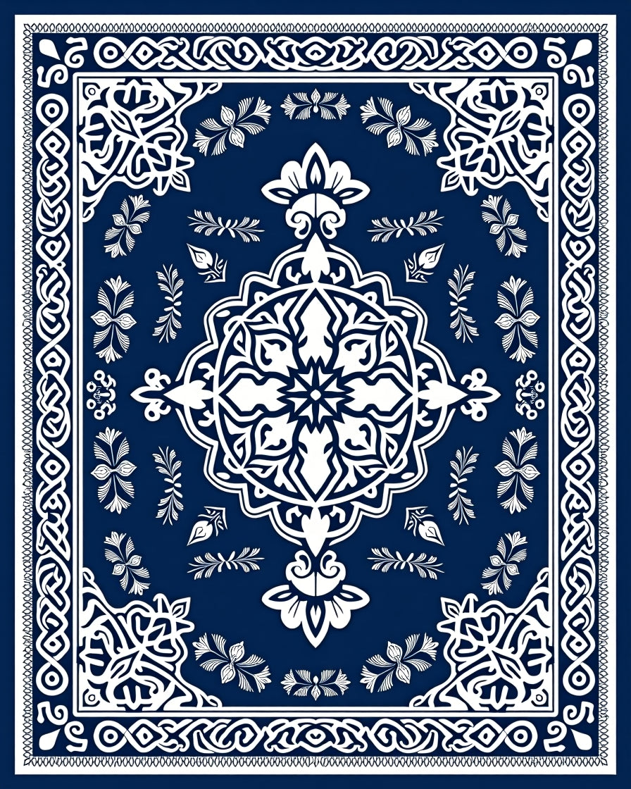 Ornate Blue White Floral Mandala Rug