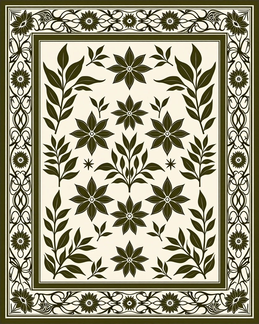 Dark Green Floral Patterned Textile Rug
