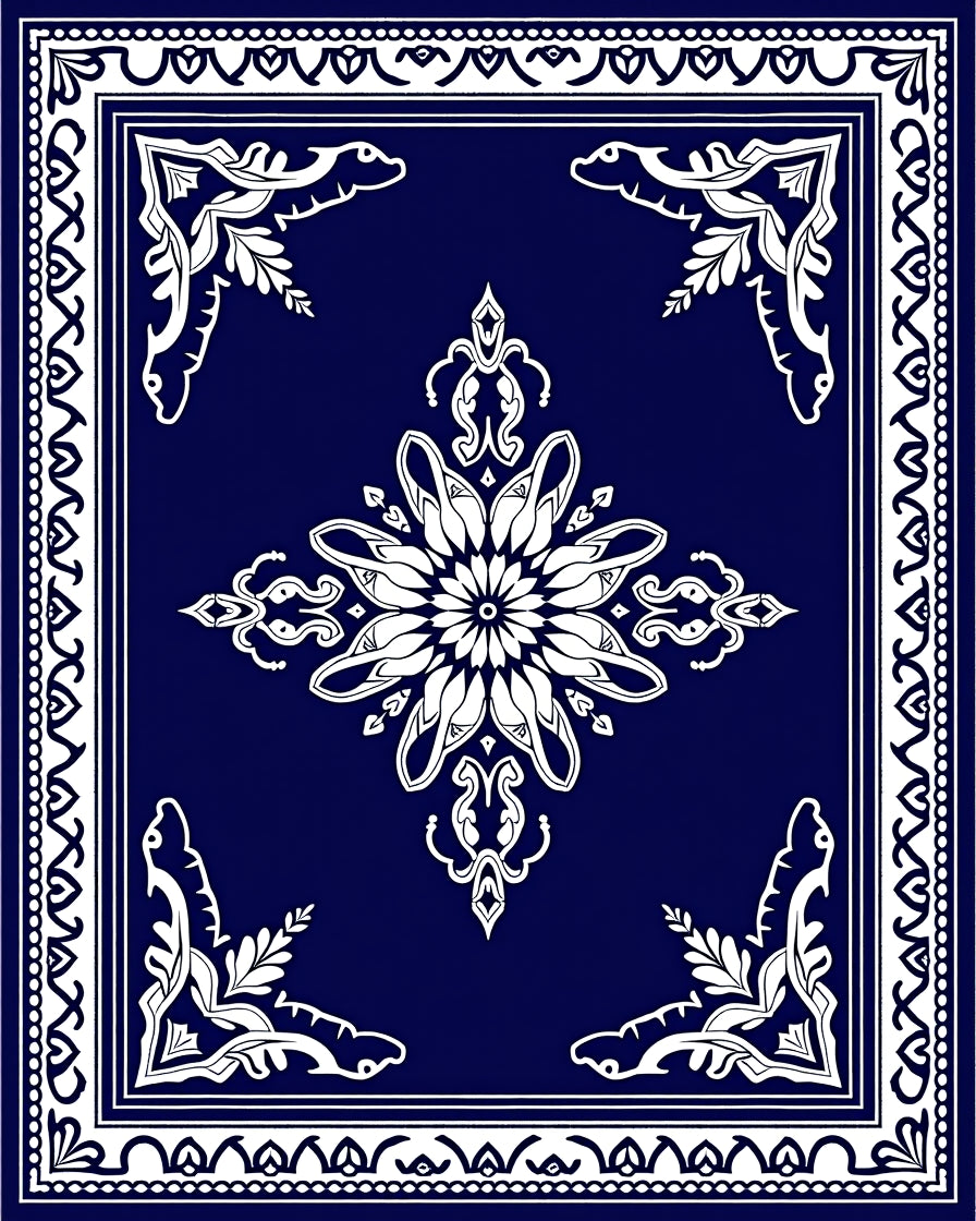 Classic Blue White Floral Medallion Border Rug