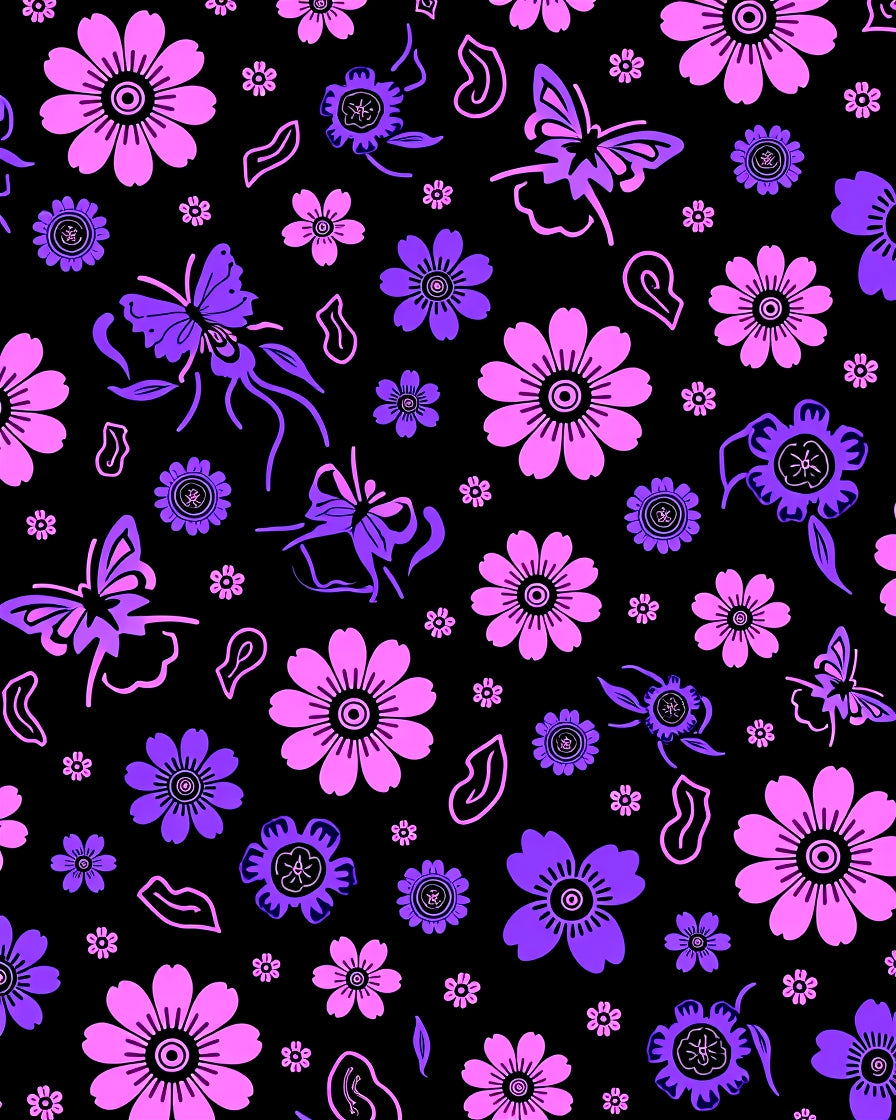 Whimsical Pink Purple Floral Butterfly Design Rug