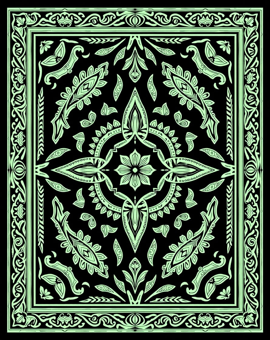 Ornate Floral Medallion Black Green Design Rug