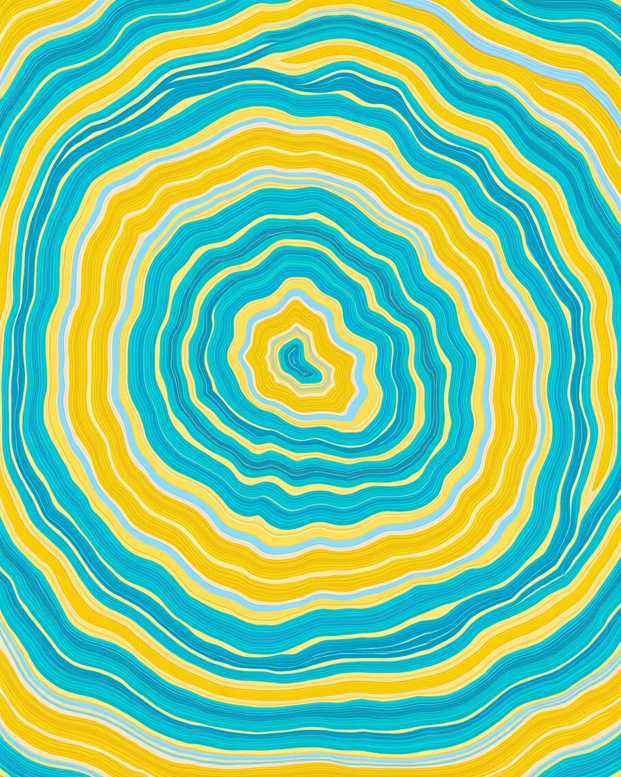 Bright Yellow Teal Wavy Rings Design Rug