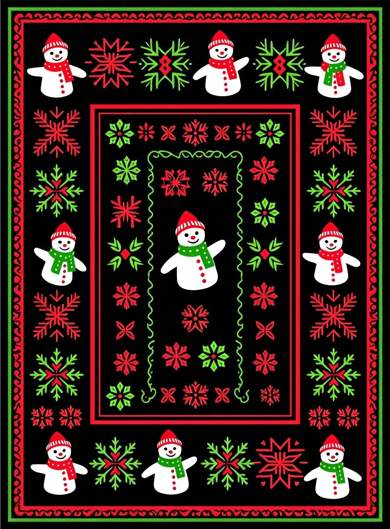 Festive Red Green Snowman Snowflakes Rug