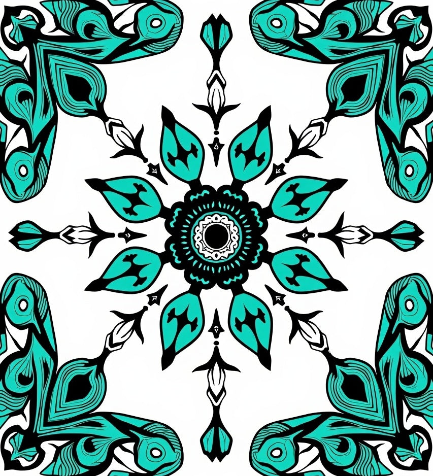 Artistic Teal Black Mandala Pattern Rug
