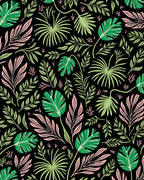Tropical Pink Green Leafy Black Rug