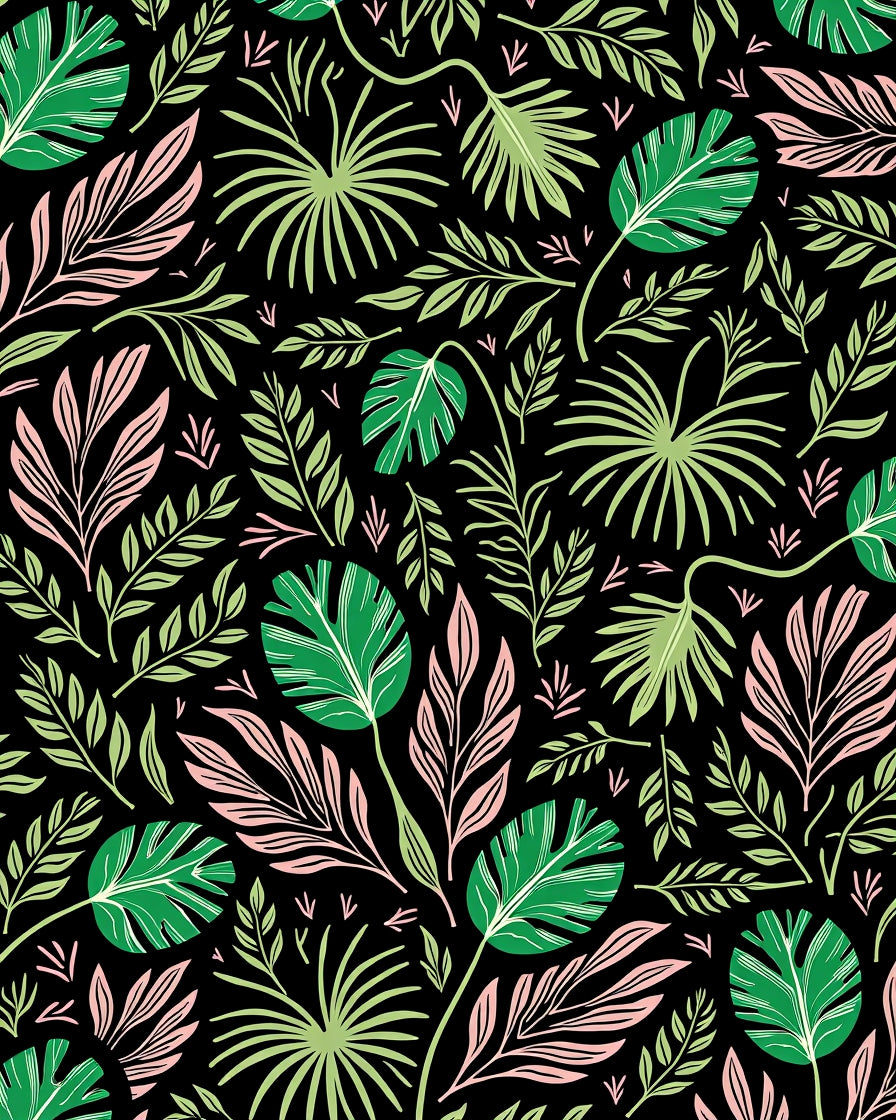 Tropical Pink Green Leafy Black Rug