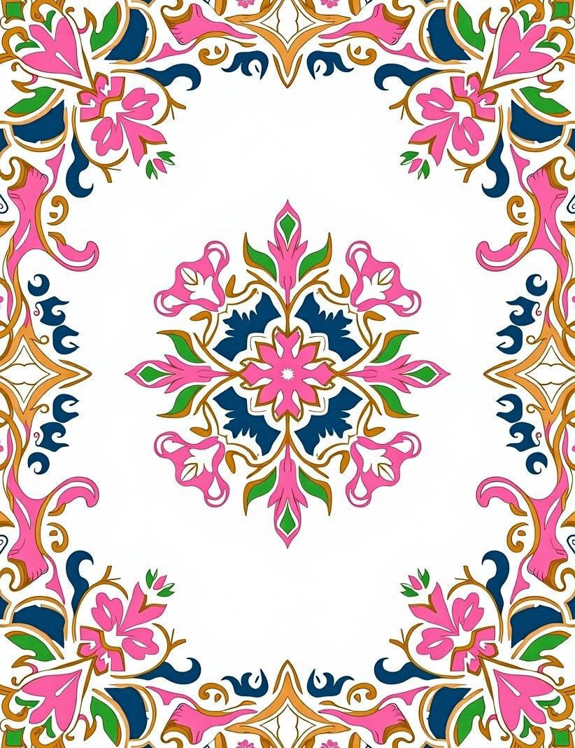 Ornate Pink Blue Floral Medallion Design Rug