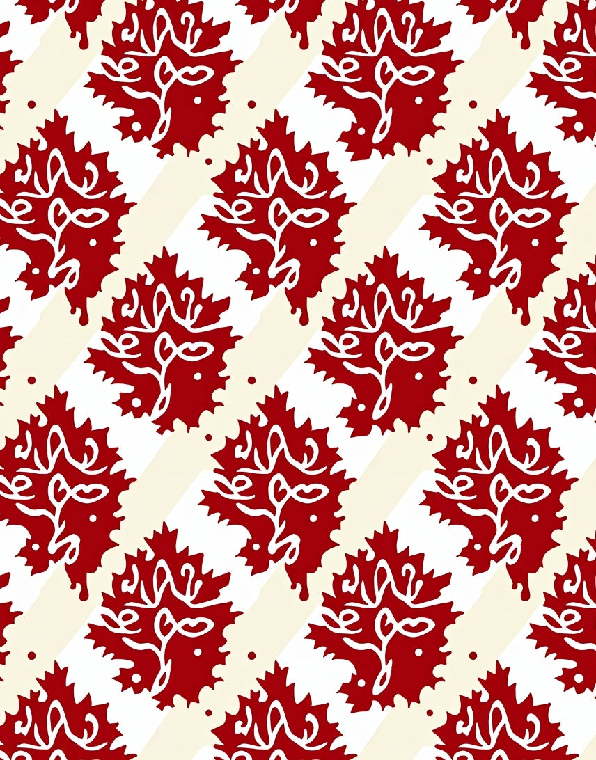 Red White Leafy Diagonal Pattern Rug