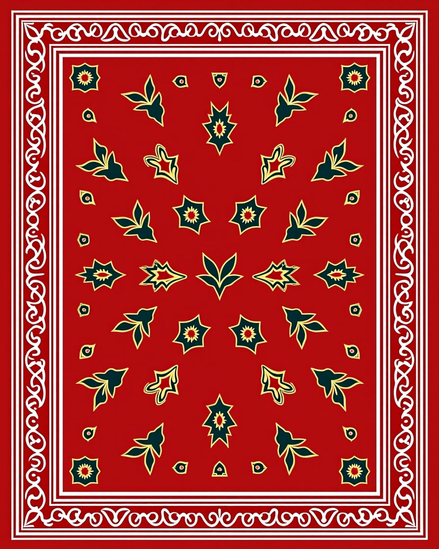 Red Starburst And Leaf Pattern Design Rug