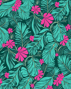 Vibrant Teal Pink Tropical Leaf Bloom Rug