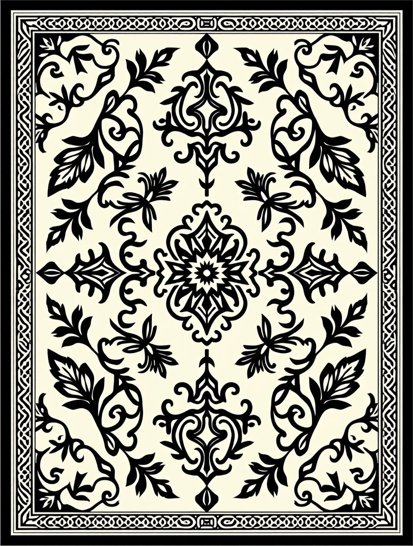 Elegant Black Floral Symmetry Design Rug
