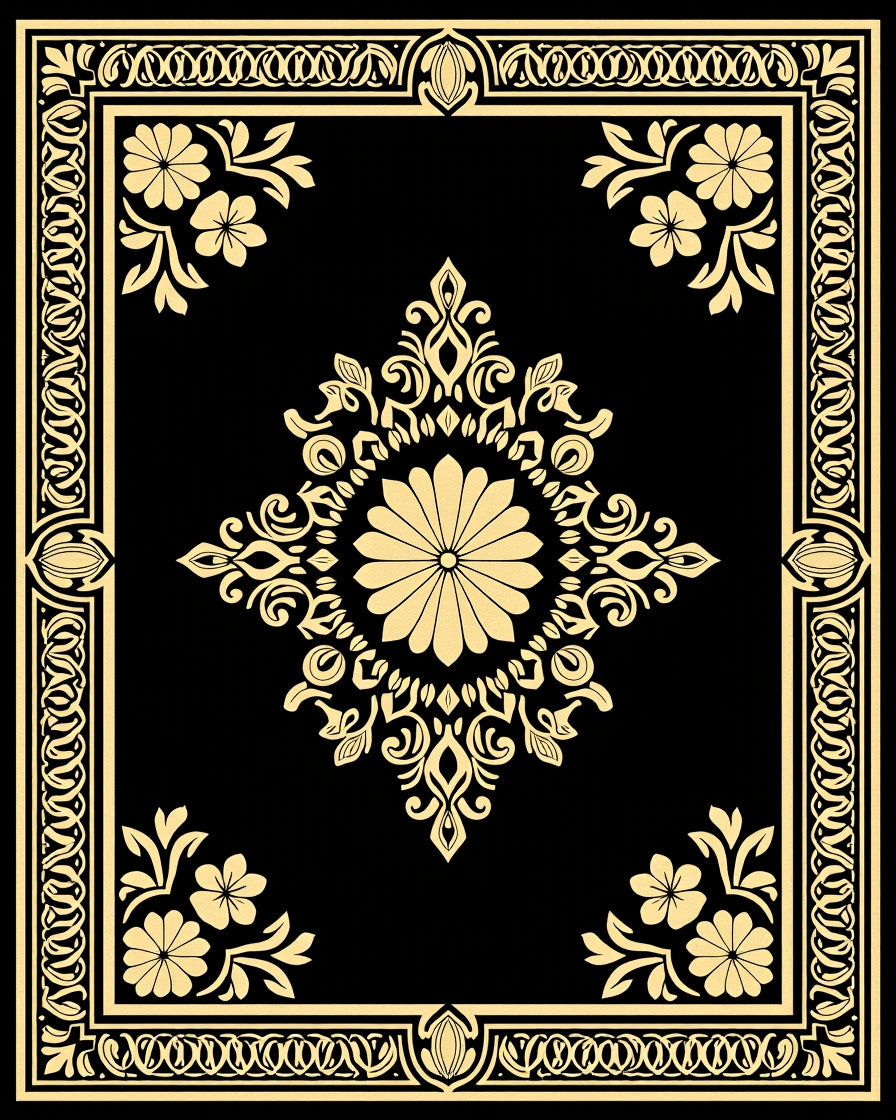 Gold Floral Damask Pattern Traditional Rug