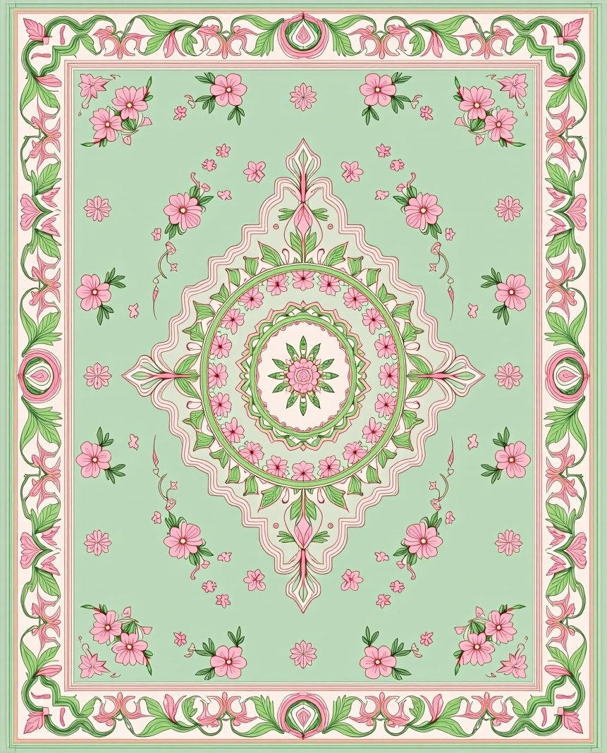 Pastel Pink Green Floral Mandala Design Rug