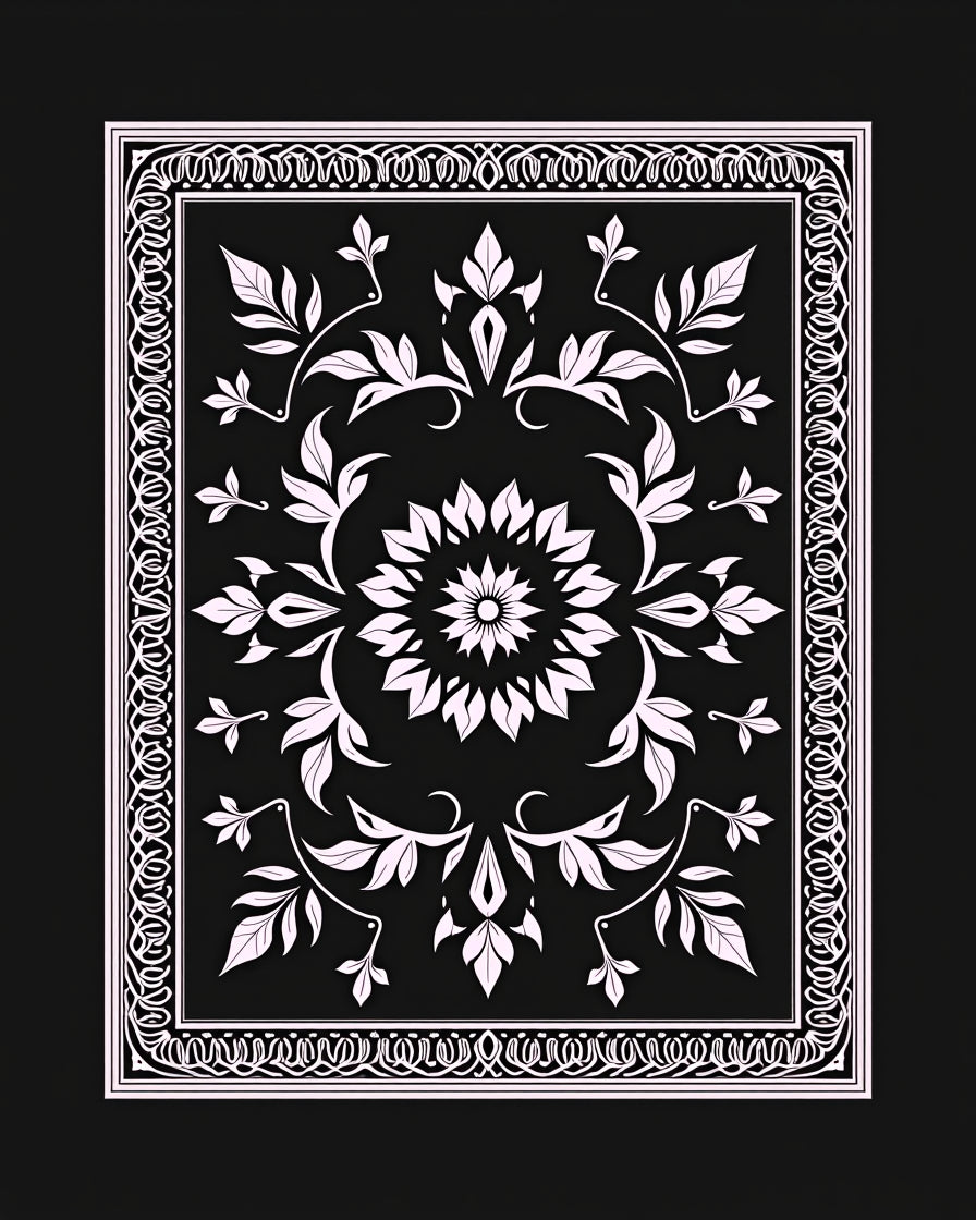 Ornate Floral Vine Black White Rug