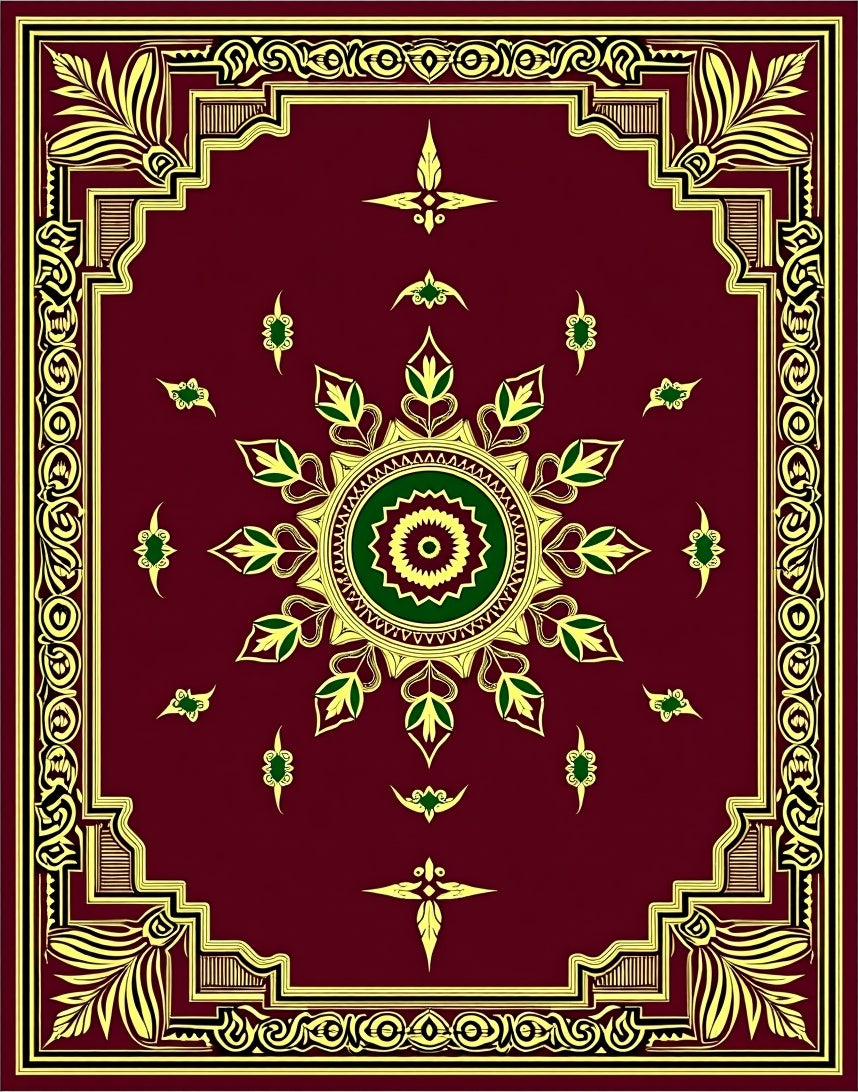 Elegant Central Medallion Golden Leaf Design Rug