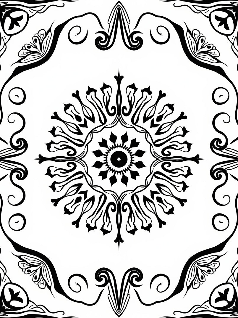 Bold Black Floral Mandala Design Rug