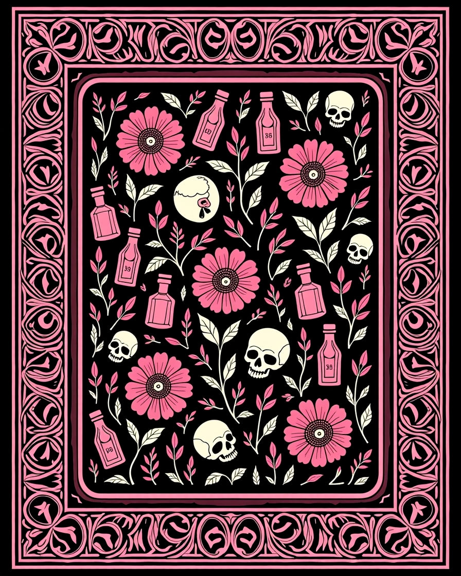 Pink Floral Skull Bottle Pattern Rug